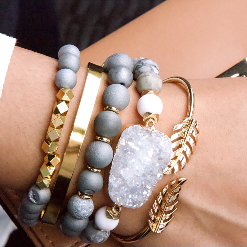 Gold and Gray Layered Bracelet with Druzy Accent